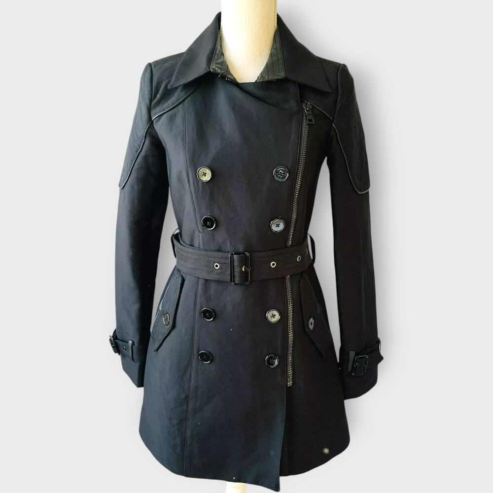 Sam Edelman Keegan Trench Coat Black Double Breasted Belt Zip Up Size XS - Picture 1 of 13